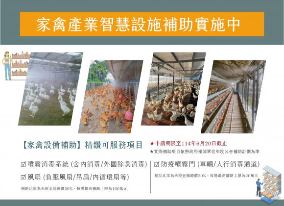 【補助資訊】導入家禽產業淨零智慧循環永續設施補助計劃實施中！(本年度受理申請至6/20)